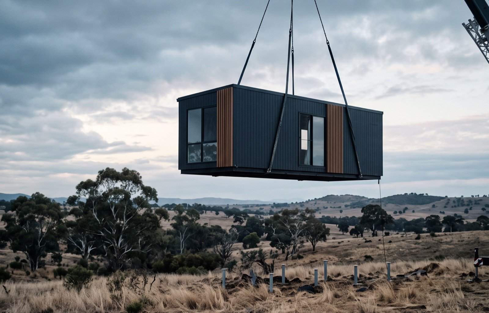 A crane lowers a dark modular home towards steel piers on a rural block under a grey sky